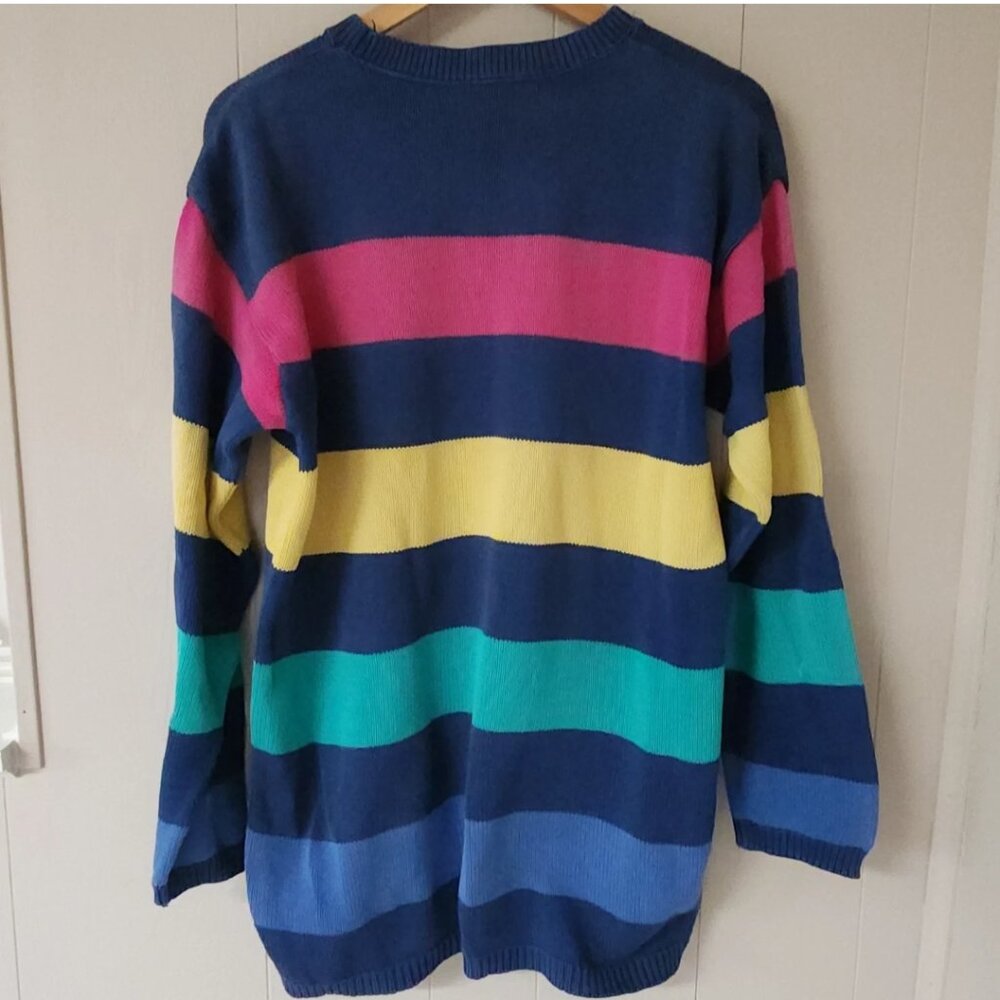 Vtg Liz Wear Striped Oversized Rainbow Fisherman Sweater Cozy Preppy Classic - Picture 2 of 8